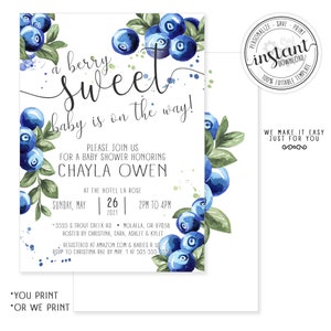 Blueberry Baby Shower Invitation, Instant Download, a berry sweet, blueberry invite, Gender neutral, berry invitations, Editable Corjl
