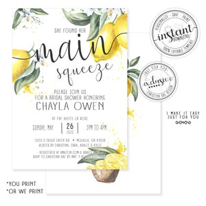 She Found Her Main Squeeze Bridal Shower Invitation with Lemon Citrus Watercolor, Instant Download, Printable, Editable Template, Corjl