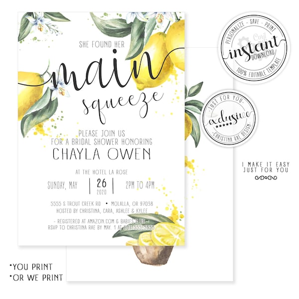 She Found Her Main Squeeze Bridal Shower Invitation with Lemon Citrus Watercolor, Instant Download, Printable, Editable Template, Corjl