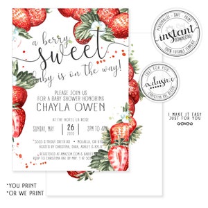 Strawberry Baby Shower Invitation, Instant Download, a berry sweet, strawberry invite, Gender neutral, Citrus invitations, Editable Corjl