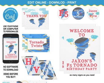 Tornado Geburtstagsparty Dekoration Kit mit Banner Tischzelte Zeichen Flaschenverpackungen Dankeskarten editierbar Sofortdownload corjl