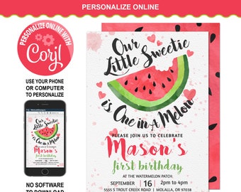 Red One In A Melon Einladung, Wassermelone Einladung, Rote Wassermelone, Wassermelonenparty, Instant Download, 1. Geburtstag, Digital, Corjl