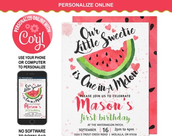 Red One In A Melon Invitation, Watermelon Invitation, Red Watermelon, Watermelon party, Instant Download, 1st birthday, Digital, Corjl