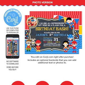 Superhero Invitation Photo Superhero Birthday Superhero Birthday Invitation Superhero Party Superhero Printable Invitations Super hero corjl image 1