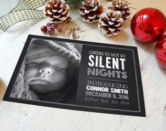 Christmas Birth Announcement, No Silent Nights, chalkboard style Christmas card and baby announcement.