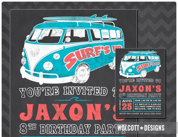 Beach Party Invitation, Summer Party, Surf's Up Birthday Invitation, Surfing Invitations, VW Bus Birthday Invite, Volkswagen Invite Il_570xn