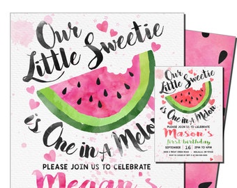 One in a melon birthday invitation, Watermelon birthday invitation, Little Sweetie, Melon Birthday Invite, Watermelon Party, 1st Birthday