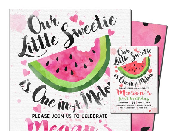 One in a Melon 1st Birthday Invitation Red Watermelon Party One in a Melon Invitation 0118 Editable Watermelon Invitation