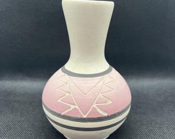 Vintage Hand Etched Geometric Design Pink Native American Navajo Pottery Small Bud Vase
