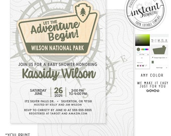 Editable National Park Baby Shower Invite Let the Adventure Begin Baby Shower Invitation National Park Theme Outdoors Baby Shower Adventure