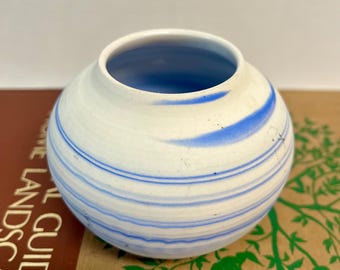 Pen & Ink signed wheel thrown ceramic vase featuring blue and white striped nerikomi marbling