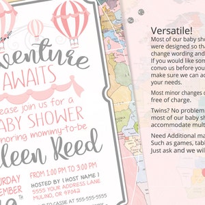 Adventure awaits, baby shower invitation, world baby shower invitation, girl baby shower invitation, hot air balloon, Printable Invitation image 5