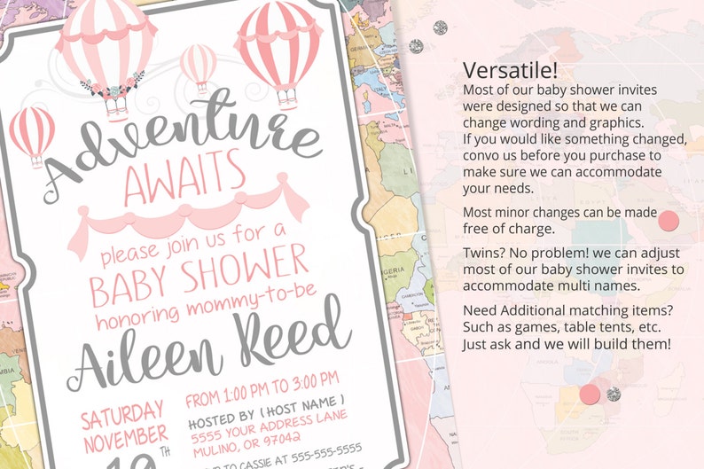 Adventure awaits, baby shower invitation, world baby shower invitation, girl baby shower invitation, hot air balloon, Printable Invitation image 5