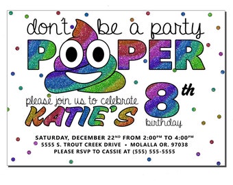 Poop Emoji, Emoji invitation, Emoji Birthday Invitation, Poop Emoji Invitation, Emoji Birthday, Don't Be a Party Pooper, Glitter Rainbow