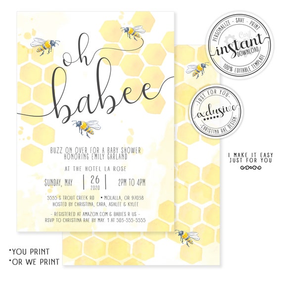 Bumblebee Baby Shower Invitation, Bee Thank You Cards, Bee Diaper Raffle and Book Requests Inserts for a Gender Neutral Baby Shower Il_570xn