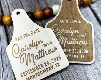 Wedding invitation announcement save the date cow ear tag magnets, farm or barn wedding, wooden magnet save the date, tag the date, country
