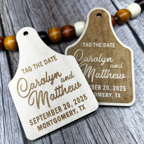 Wedding invitation announcement save the date cow ear tag magnets, farm or barn wedding, wooden magnet save the date, tag the date, country