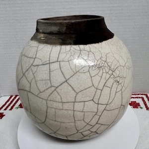 Hand thrown studio art potter raku large round white black vase vessel artist signed