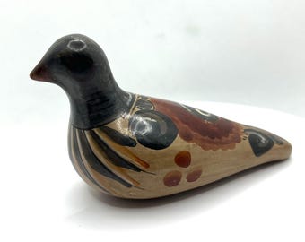 Vintage Tonala pottery bird pigeon figurine / signed Mexican folk art