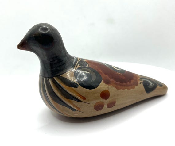 Vintage Tonala pottery bird pigeon figurine / signed Mexican folk art