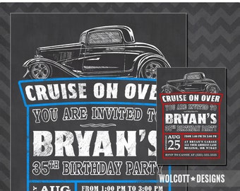 Hot Rod Birthday Invitation, Vintage Car, Hot Rod Invitations, Chalkboard Style, Hot Rod Party, 32 Hot Rod