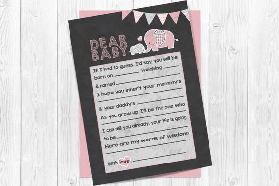 Pink Elephant dear baby shower game, dear baby card, baby shower games, chalkboard, elephant baby shower games, baby wish, printable, girl Il_570xn