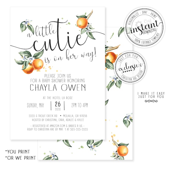 A Little Cutie is on the Way Clementine Oranges Baby Shower Invitation Citrus Mandarin Digital Instant Download Editable Template Corjl Il_570xn