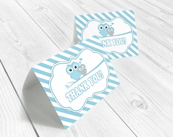 Blue owl thank you cards, folded card template, owl baby shower, blue, boys, owl cards, blue owls, printable, instant download