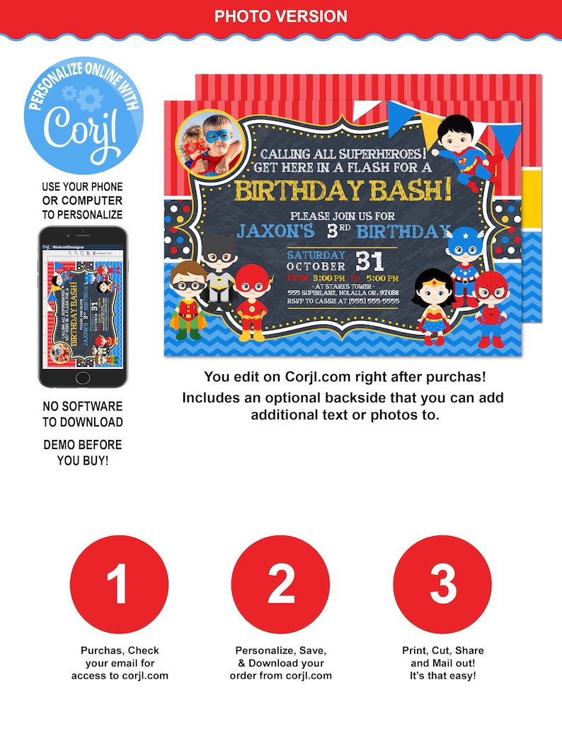 Superhero Invitation Photo Superhero Birthday Superhero Birthday Invitation Superhero Party Superhero Printable Invitations Super hero corjl image 1