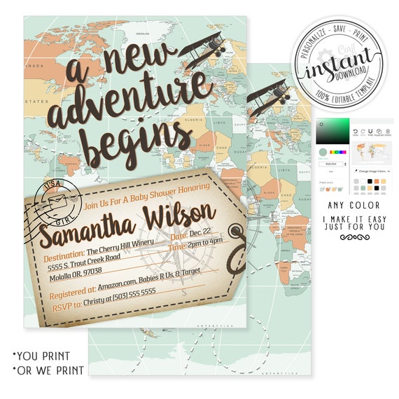 Adventure Awaits Travel Theme Baby Shower Invitation Printable World Map Diaper Raffle Book Request Around The World Invitation Travel Corlj Il_570xn