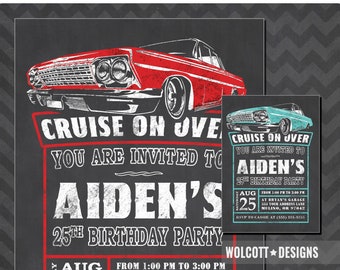 Impala Birthday Invitation, 1963 Impala, Classic Car invite, Low Rider, Chalkboard Style, Hot Rod Party, Impala, Chevy Impala