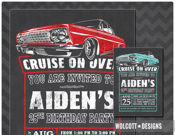 Impala Birthday Invitation, 1963 Impala, Classic Car invite, Low Rider, Chalkboard Style, Hot Rod Party, Impala, Chevy Impala Il_570xn