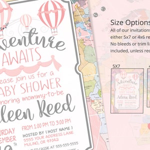 Adventure awaits, baby shower invitation, world baby shower invitation, girl baby shower invitation, hot air balloon, Printable Invitation image 3