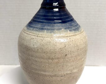 Vintage studio art pottery raku weed pot bud vase two toned blue white glaze signed and dated 1992