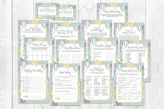 Green Hot Air Balloon Baby Shower Games, Printable baby shower games, Adventure awaits, Gender neutral, Green Baby Shower, Printable games Il_570xn