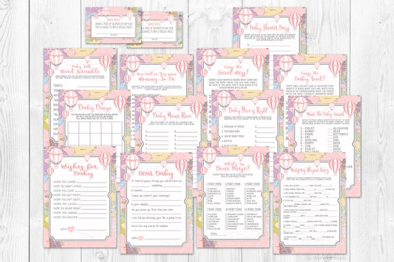 Hot Air Balloon Baby Shower Games, Printable baby shower games, baby shower games, Girls, Shower games, Pink Baby Shower, Printable games Il_570xn