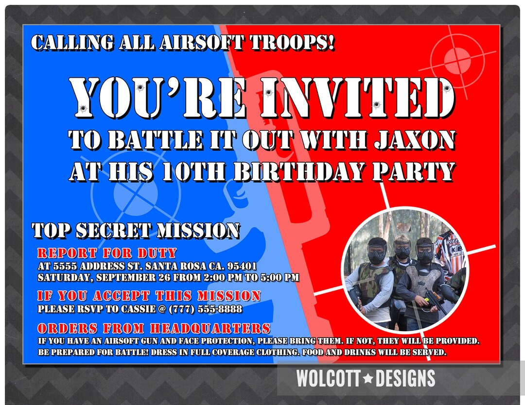 Airsoft Party Invitation, Photo Invitation, Air Soft War Invitation, Airsoft Invitations