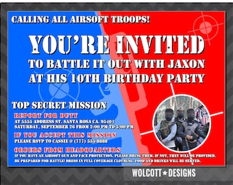 Airsoft Party Invitation, Photo Invitation, Air soft War Invitation, Airsoft Invitations, Airsoft Birthday Party, Patriot or Camo