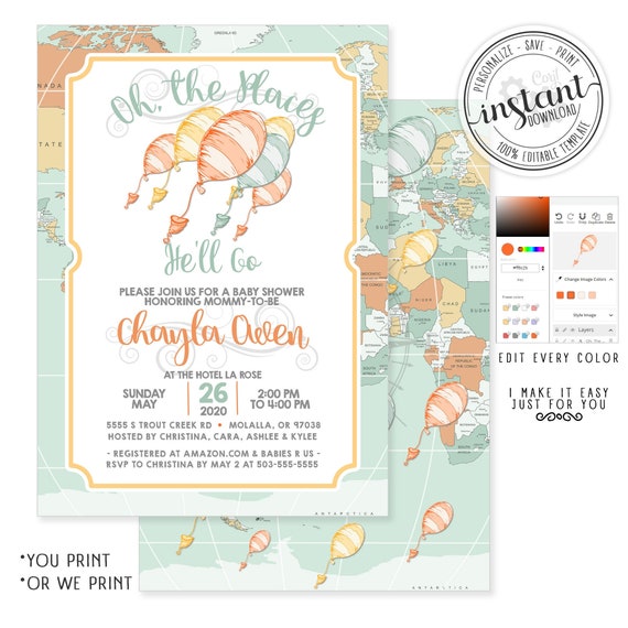 Oh The Places He'll Go Baby Shower Invitation, for boys, girls or gender neutral, You'll Go, Print at home, Corjl Il_570xn