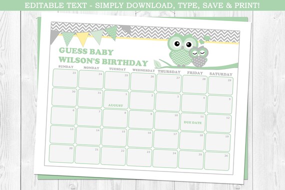 Owl Baby Due Date Calendar, Owl Baby Shower, Owls, Baby Shower Game, Guessing Game, Instant Download, Editable, Green, Gender Neutral Il_570xn