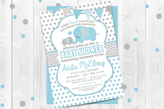 Blue Gray Polka Dot Elephant Printable Baby Shower Invitation Editable PDF