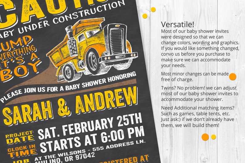 Baby Under Construction, Construction Baby Shower Invitation, Dump Truck Shower Invite, Construction Shower Invite, Chalkboard Baby Shower image 5