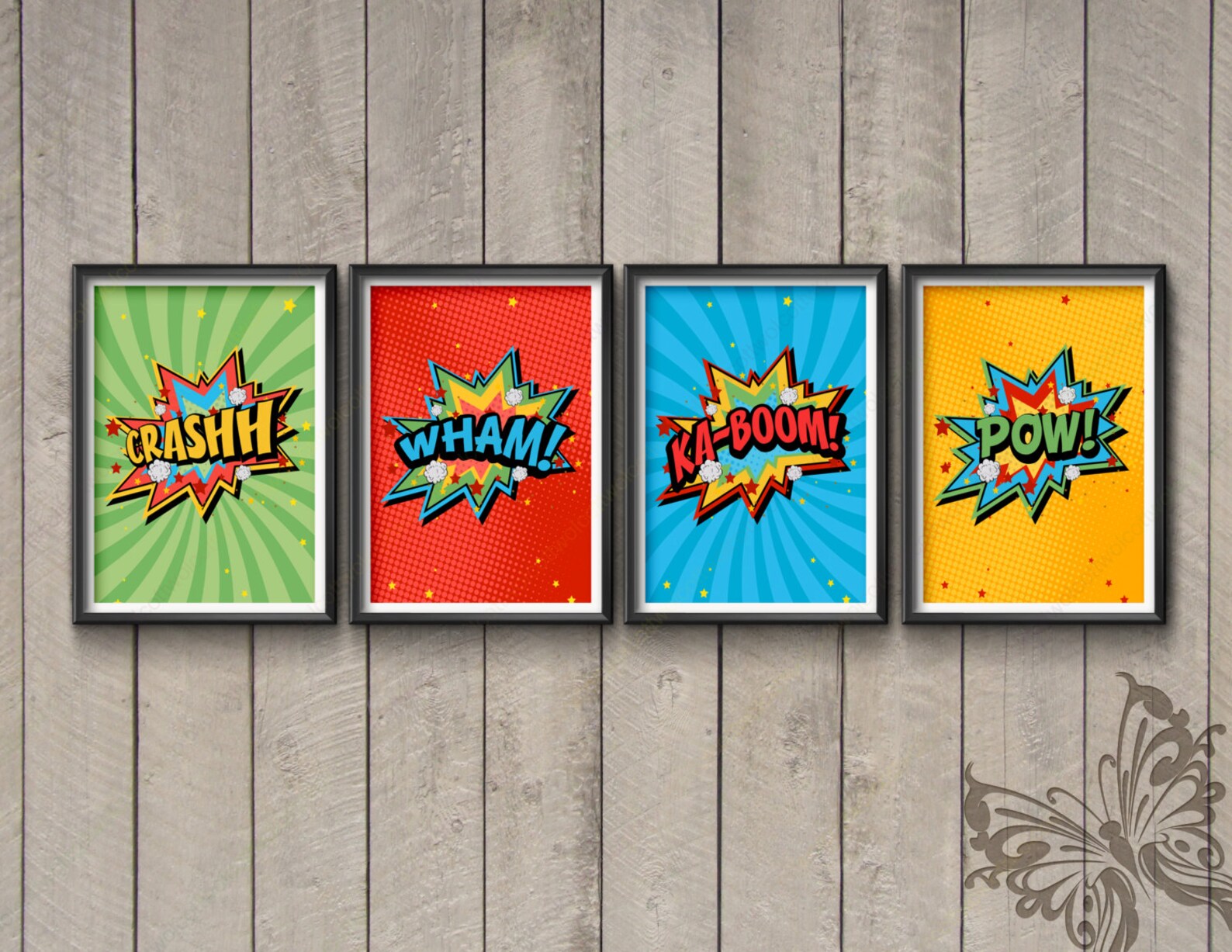 Superhero comic wall art prints Crash Wham KaBoom Etsy