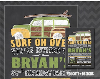 Surf Party Invitation, Beach Party invitations, Surfing Birthday Party, Summer Birthday Invitations, Woody Wagon Invite, Woodie Wagon