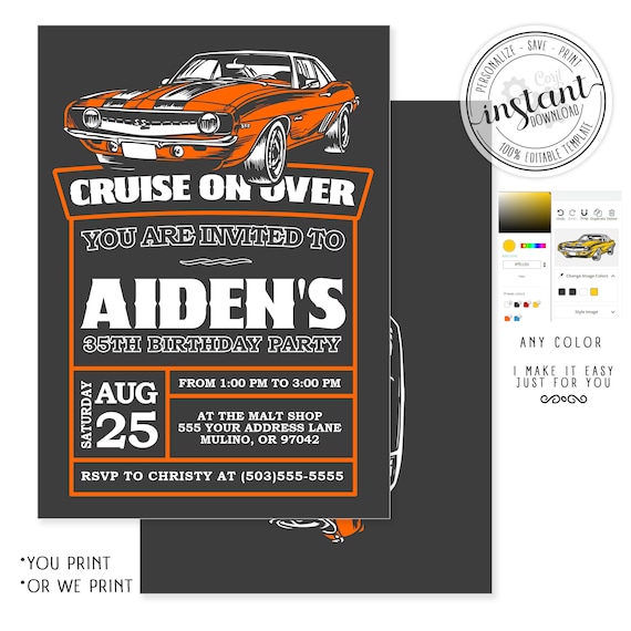 Camaro Hot Rod Birthday Invitation, Camaro Invitation, Classic Car invite, Vintage Car, Chalkboard Style, Hot Rod Party, 69 Camaro Corjl Il_570xn