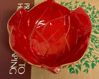 Vintage ceramic footed red leaf bowl made in Italy , Fall Autumn decor , Italian pottery , Majolica , MCM