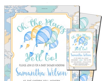 Oh The Places He'll Go Baby Shower Invitation, Blue Gray, Teal and Yellow Oh The Places Baby Shower Invitation, for boys.