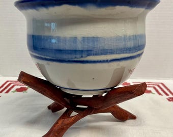 Handcrafted ceramic stoneware bowl with a white and blue running glaze pattern , signed V. Persico ‘77
