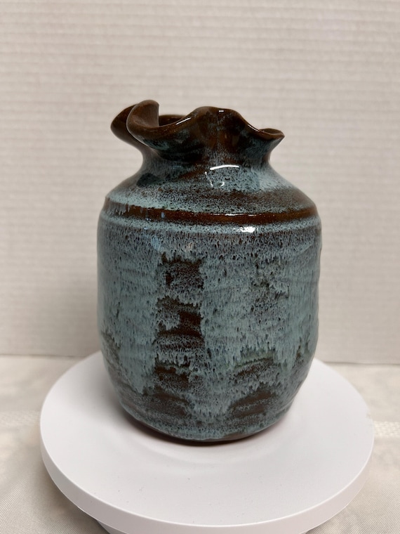 Studio Pottery Stoneware Vase, Handcrafted Ruffled Rim, Multi-Toned Blue Glaze, Signed Artisan Ceramic