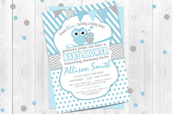 Boys, Owl Baby Shower Invitation, Blue Owl Invitation, Chevron Baby Shower Invitation, Baby Owl, Owl, Blue, Polka Dots, Owl baby shower Il_570xn